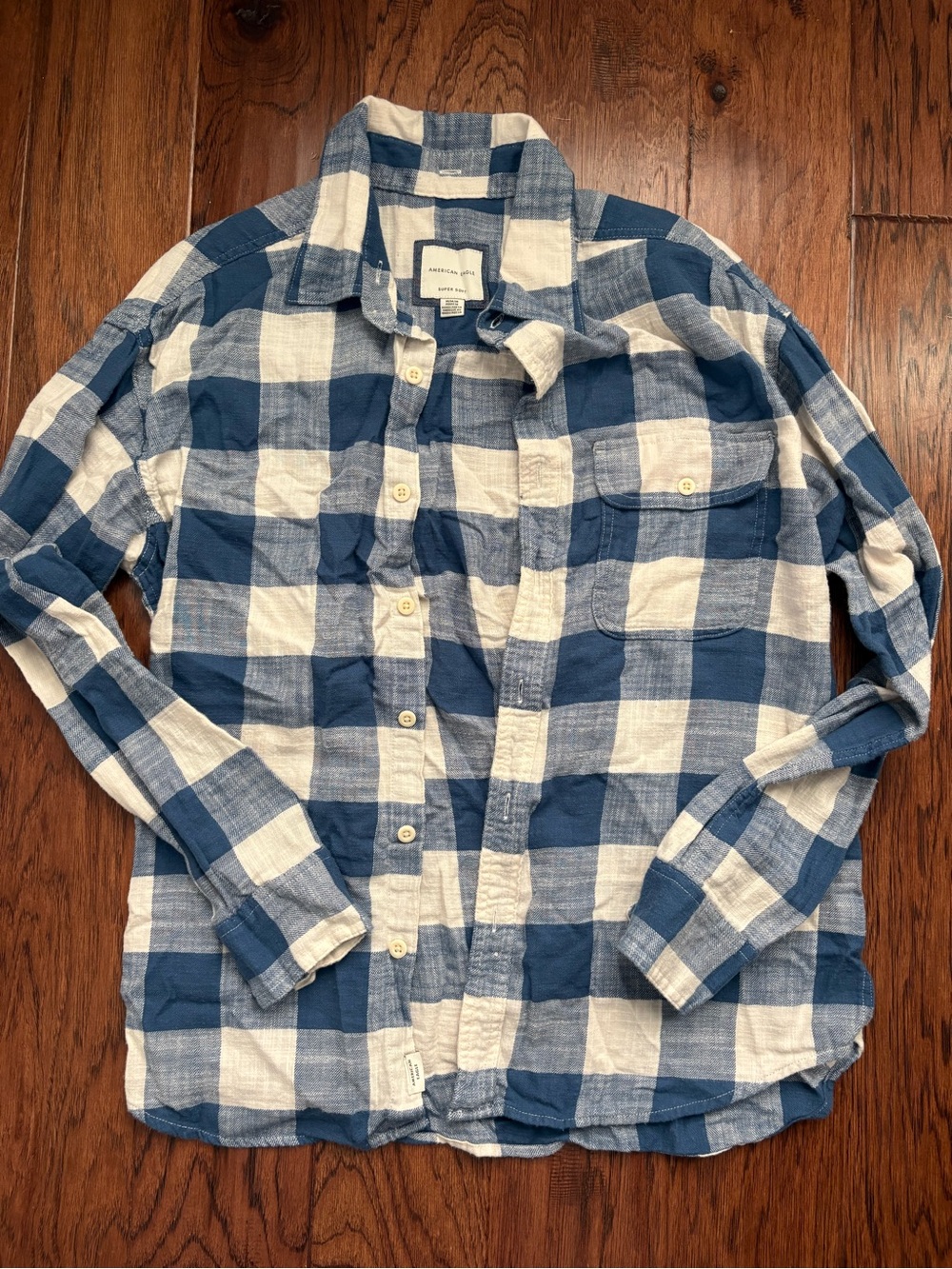 American Eagle Outfitters Navy and White Plaid Button-Down Shirt